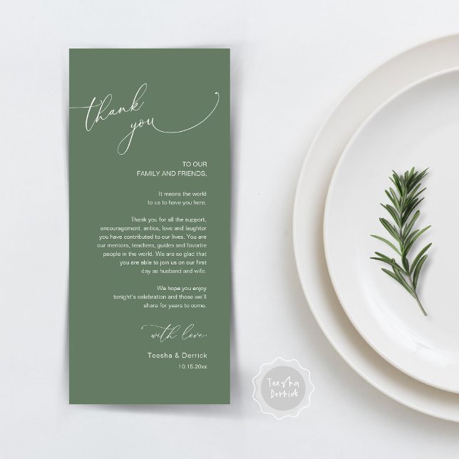 Cartões de agradecimentos de Definição de Local Ja (Modern Wedding Dinner Place Setting Thank You Card, Plate decor, in Forest Sage Green)