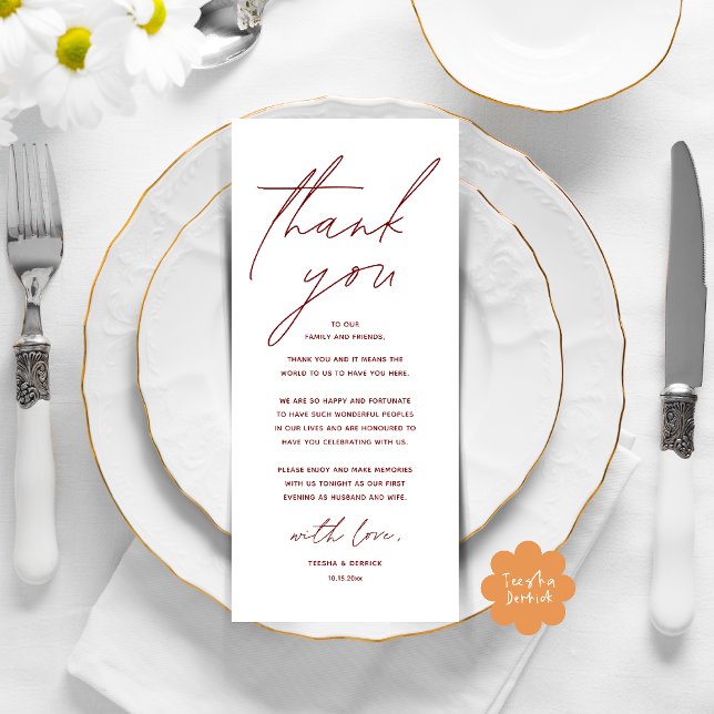 Cartões de agradecimentos de Definição de Local Ja (Modern Wedding Dinner Lunch Brunch Celebration Place Setting Thank You Card in Burgundy Wine Red)