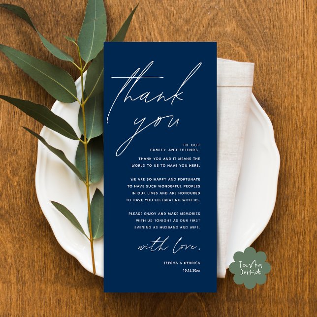 Cartões de agradecimentos de Definição de Local Ja (Modern Wedding Dinner Lunch Brunch Celebration Place Setting Thank You Card in Navy Blue)