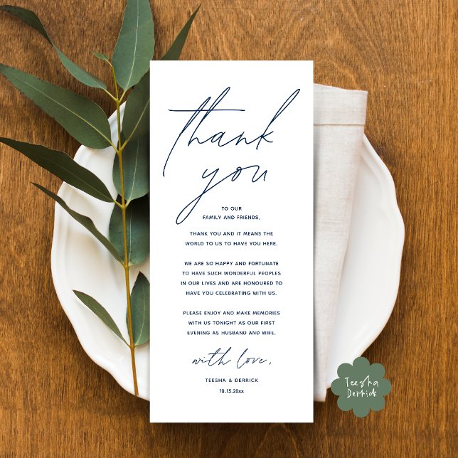 Cartões de agradecimentos de Definição de Local Ja (Modern Wedding Dinner Lunch Brunch Celebration Place Setting Thank You Card in Navy Blue)