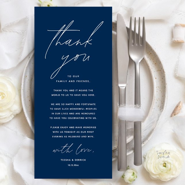 Cartões de agradecimentos de Definição de Local Ja (Modern Wedding Dinner Place Setting Thank You Card Reception Brunch Lunch in Navy Blue)