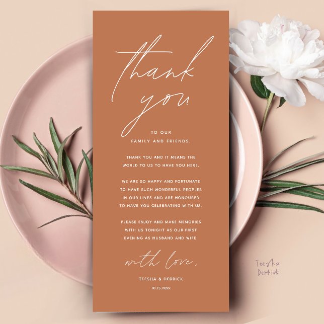 Cartões de agradecimentos de Definição de Local Ja (Modern Wedding Dinner Place Setting Thank You Card Reception Brunch Lunch in Copper Brown Terracotta)