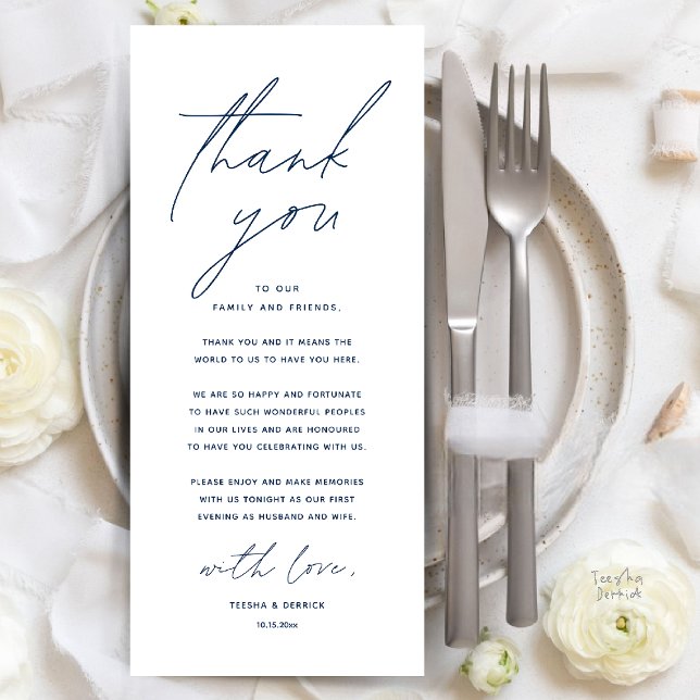 Cartões de agradecimentos de Definição de Local Ja (Modern Wedding Dinner Place Setting Thank You Card Reception Brunch Lunch in Navy Blue)