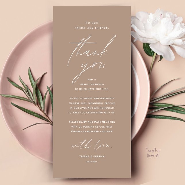 Cartões de agradecimentos de Definição de Local Ja (Modern Wedding Dinner Place Setting Thank You Card Reception Brunch Lunch in Warm Chic Taupe Brown)