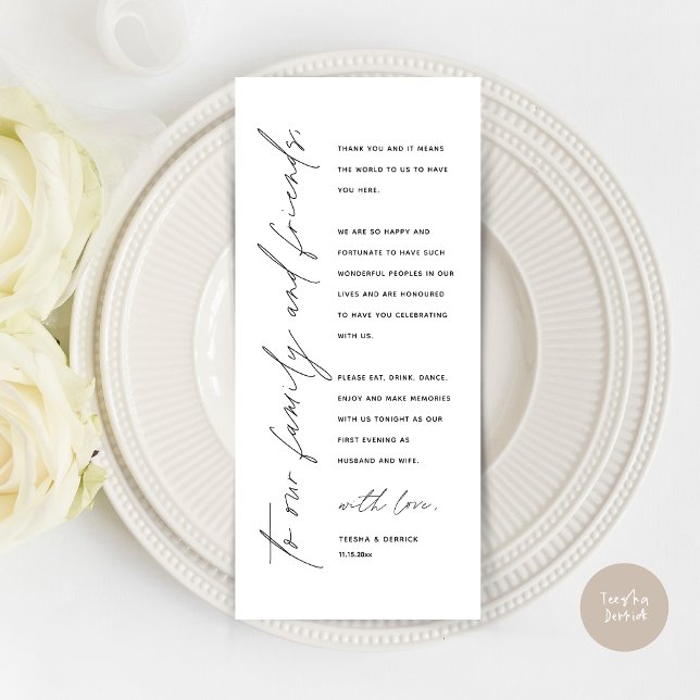 Cartões de agradecimentos de Definição de Local Ja (Wedding Dinner Place Setting Thank You Card, Modern Minimalist Script, in Black and White)