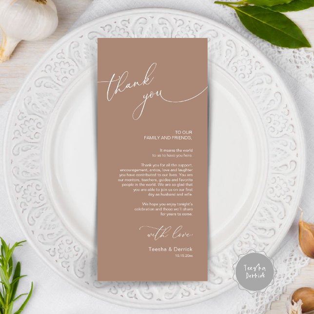 Cartões de agradecimentos de Definição de Local Ja (Modern Wedding Dinner Place Setting Thank You Card, in taupe)