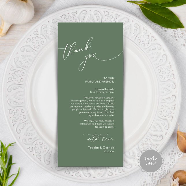 Cartões de agradecimentos de Definição de Local Ja (Modern Wedding Dinner Place Setting Thank You Card, in forest sage green)