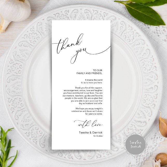 Cartões de agradecimentos de Definição de Local Ja (Modern Wedding Dinner Place Setting Thank You Card, in black and white)