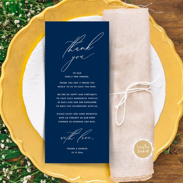 Cartões de agradecimentos de Definição de Local Ja (Modern Wedding Dinner Place Setting Thank You Card, Minimalist Navy Blue)