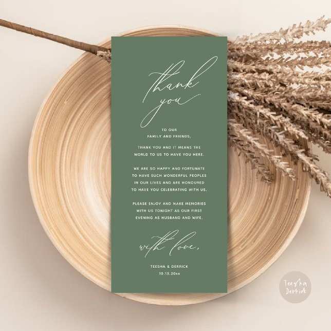 Cartões de agradecimentos de Definição de Local Ja (Modern Wedding Dinner Place Setting Thank You Card, Minimalist Forest Sage Green)