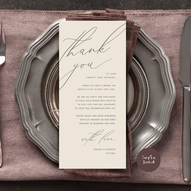 Cartões de agradecimentos de Definição de Local Ja (Modern Wedding Dinner Place Setting Thank You Card, Minimalist Cream Grey)