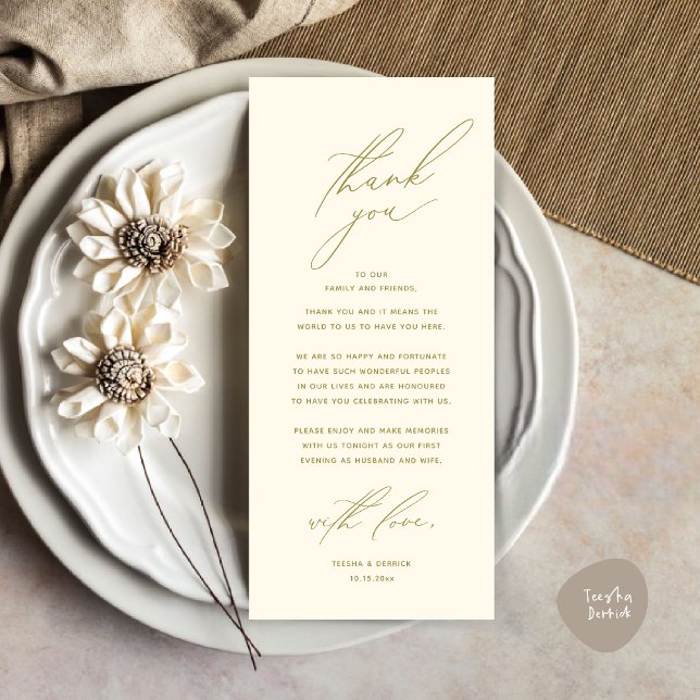 Cartões de agradecimentos de Definição de Local Ja (Modern Wedding Dinner Place Setting Thank You Card, Minimalist Yellow Gold)