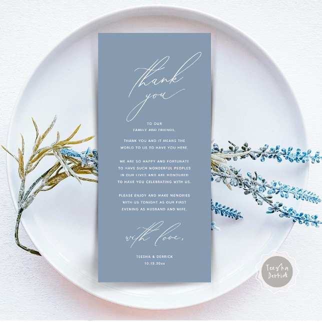 Cartões de agradecimentos de Definição de Local Ja (Modern Wedding Dinner Place Setting Thank You Card, Minimalist Dusty Blue)