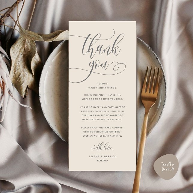 Cartões de agradecimentos de Definição de Local Ja (Wedding Dinner Place Setting Thank You, Welcome and Thanks Card, in Classy Cream Grey)