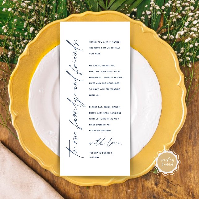 Cartões de agradecimentos de Definição de Local Ja (Modern Wedding Dinner Place Setting Thank You Card in Classy Navy Blue)