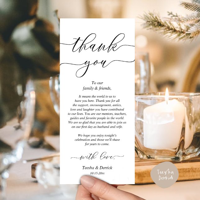 Cartões de agradecimentos de Definição de Local Ja (Modern Romantic Wedding Place Setting Thank You Card for Dinner Brunch Lunch Party  in White Black)
