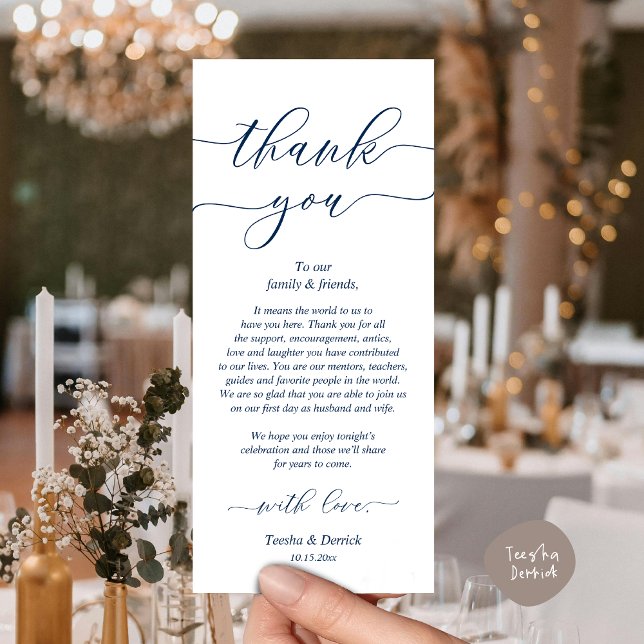 Cartões de agradecimentos de Definição de Local Ja (Romantic Wedding Dinner Lunch Brunch Party Place Setting Thank You Card in Classy Navy Blue)