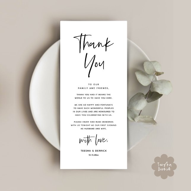 Cartões de agradecimentos de Definição de Local Ja (Welcome and Thanks, Modern Wedding Dinner Brunch Party Place Setting Thank You Card White Black)