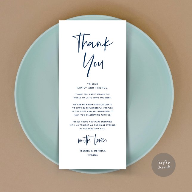 Cartões de agradecimentos de Definição de Local Ja (Welcome and Thanks, Modern Wedding Dinner Brunch Party Place Setting Thank You Card Navy Blue)