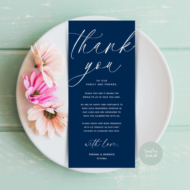 Cartões de agradecimentos de Definição de Local Ja (Wedding Dinner Place Setting Thank You Card Modern Romantic Contemporary Navy Blue)
