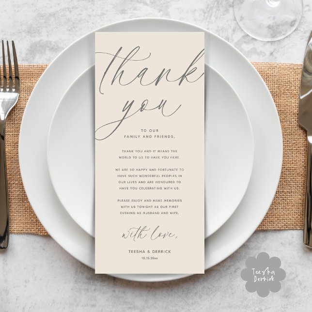 Cartões de agradecimentos de Definição de Local Ja (Wedding Dinner Place Setting Thank You Card Modern Romantic Contemporary Classy Cream Grey)