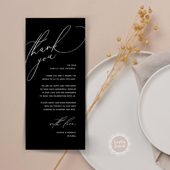 Cartões de agradecimentos de Definição de Local Ja (Modern Wedding Dinner Place Setting Thank You Card, Romantic Plate Decor, in Classy Black)