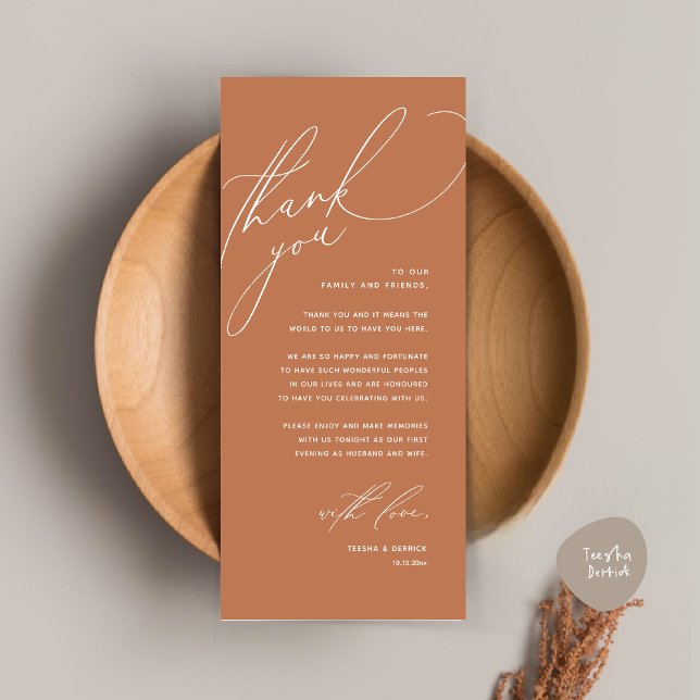 Cartões de agradecimentos de Definição de Local Ja (Modern Wedding Dinner Place Setting Thank You Card, Romantic Plate Decor, in Copper Brown Terracotta)