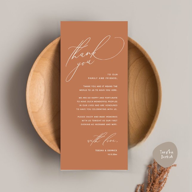 Cartões de agradecimentos de Definição de Local Ja (Modern Wedding Dinner Place Setting Thank You Card, Romantic Plate Decor, in Copper Brown Terracotta)