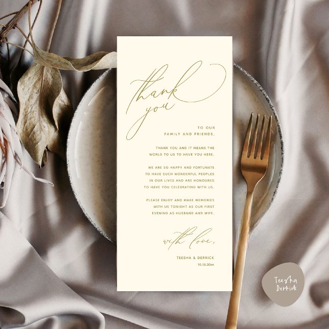Cartões de agradecimentos de Definição de Local Ja (Modern Wedding Dinner Place Setting Thank You Card, Romantic Plate Decor, in Yellow Gold)