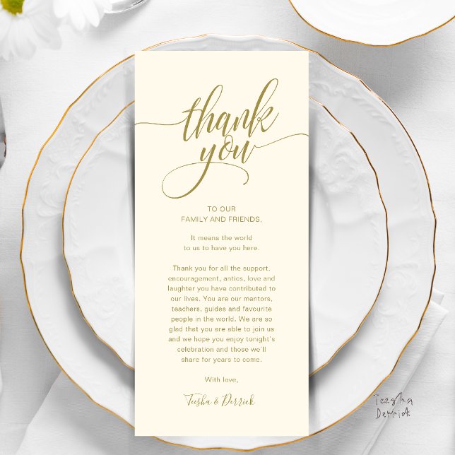 Cartões de agradecimentos de Definição do Local de (Modern Script Wedding Guest Dinner Reception Brunch Lunch Thank You Card in Yellow Gold)