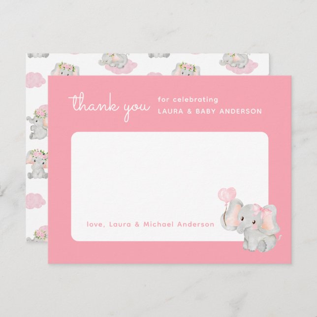 Cartões de agradecimentos de Elefante Rosa para o  (Frente/Verso)