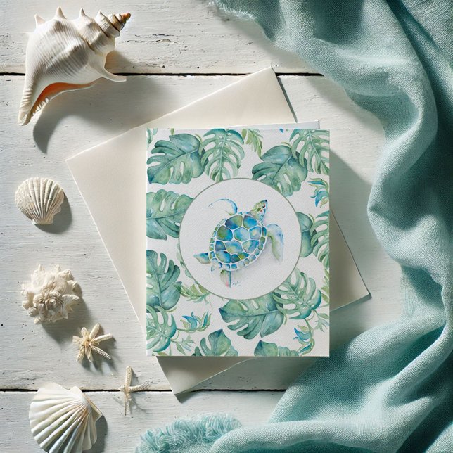 Cartões de agradecimentos De Folhas De Tartaruga D (Sea turtle and monstera leaf notecards watercolor art by Victoria Grigaliunas of Do Tell A Belle)