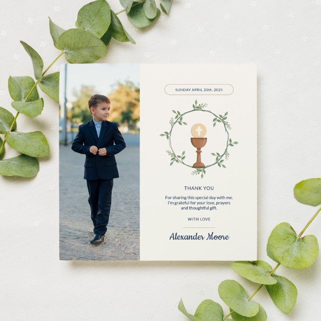 Cartões de agradecimentos de Foto Comunion - Flora (First Communion reminder with photo and floral wreath)