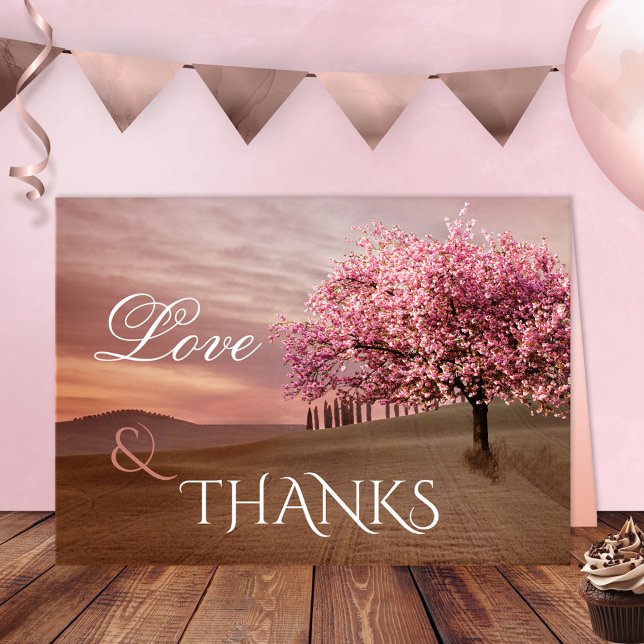 Cartões de agradecimentos de Foto de Casamento de  (Wedding Thank You card featuring a painting of a landscape scene with a blossoming cherry tree)