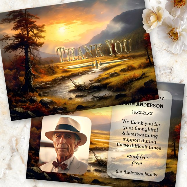 Cartões de agradecimentos de Foto de Simpatia Natu (Sympathy photo Thank You card featuring a fine art landscape scene in vintage style)