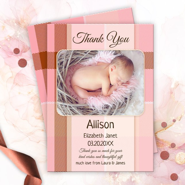 Cartões de agradecimentos de Fotografia da Xadrez  (Baby Thank You card with a photo of your own baby girl on a pink pastel with chocolate plaid)