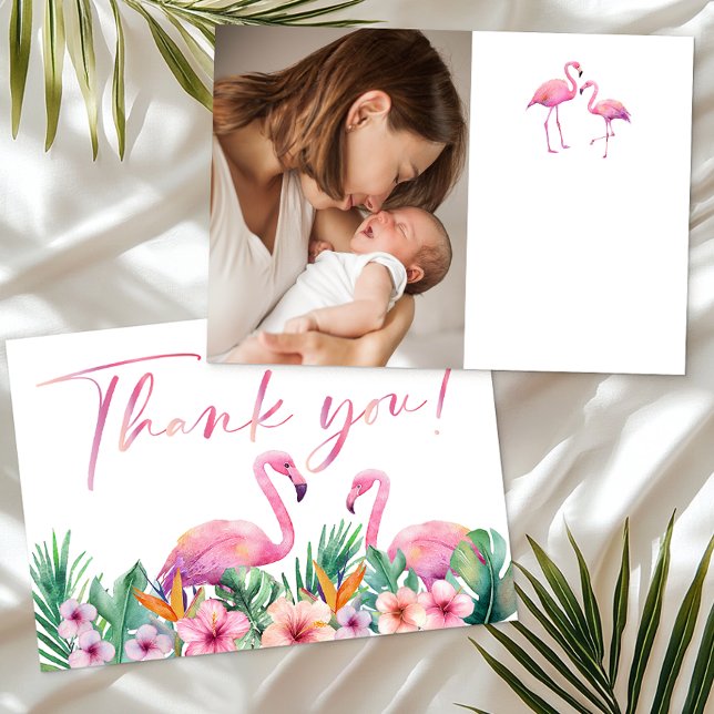 Cartões de agradecimentos de Fotografia do Chá de  (Tropical Pink Flamingo Photo Thank you card)