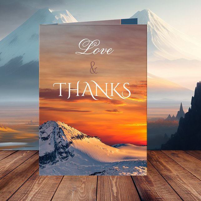 Cartões de agradecimentos de fotos do Casamento no (A romantic winter wedding Thank You card featuring a winter wonderland scene at sunset)