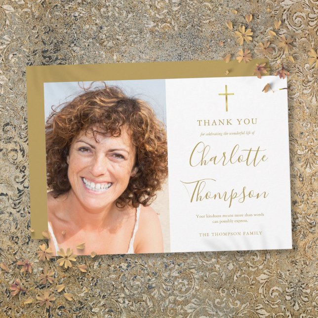 Cartões de agradecimentos de Fotos do Funeral Dour (Gold Cross Christian Memorial Funeral Photo Thank You Card)
