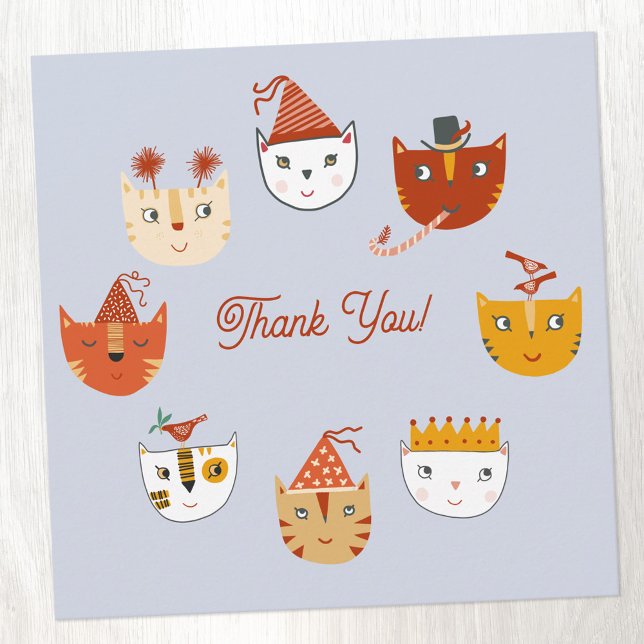 Cartões de agradecimentos de gatos de festa divert (Cute party cat themed personalized thank you card with custom text)