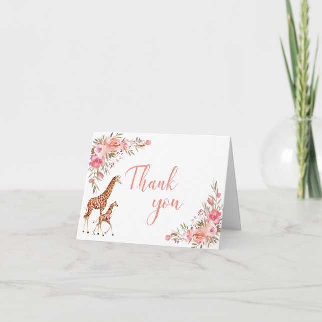 Cartões de agradecimentos de Girafa Floral Rosa (Frente)