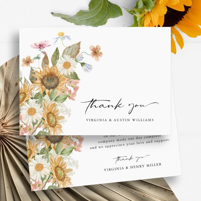 Cartões de agradecimentos de girassol (Boho Watercolor Sunflower Wildflowers Floral Wedding  Thank You Card by Painted Paperie
)