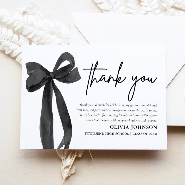 Cartões de agradecimentos de Graduação de Coquete  (Chic Black Bow Coquette Graduation Thank You Card)