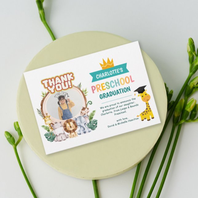Cartões de agradecimentos de Graduação de Fotos na (Animal Preschool Photo Graduation Thank You Card)