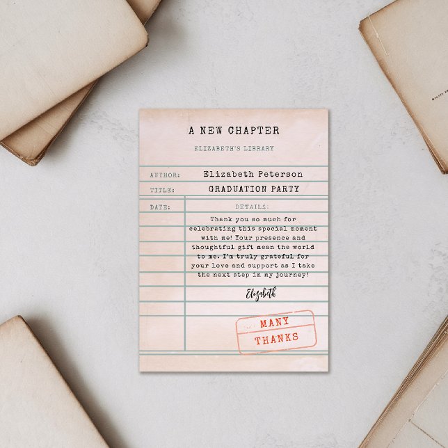 Cartões de agradecimentos de Graduação de Placa de (graduation party thank you card vintage library card inspirational message personalized name)