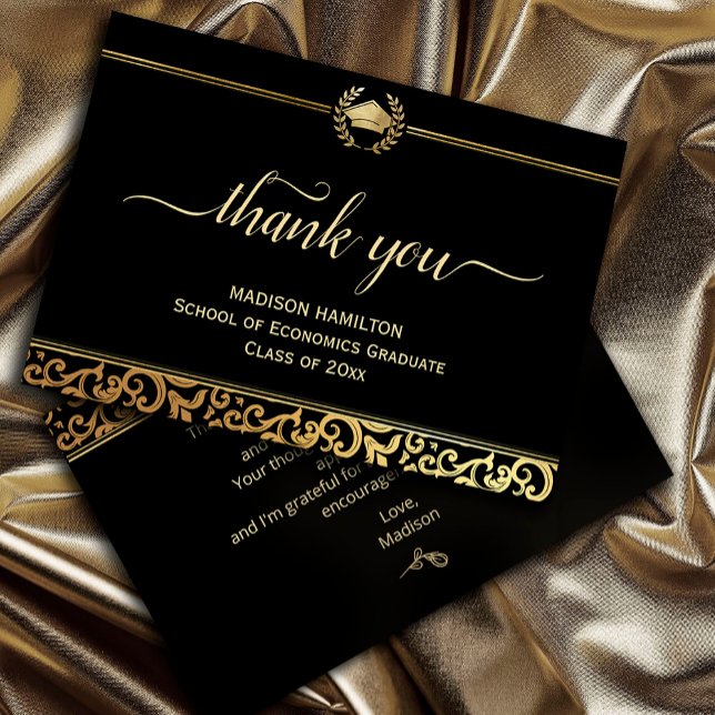 Cartões de agradecimentos de Graduação de Quadro O (Elegant gold Frame Graduation Thank You Card #script #calligraphy #fauxgold)