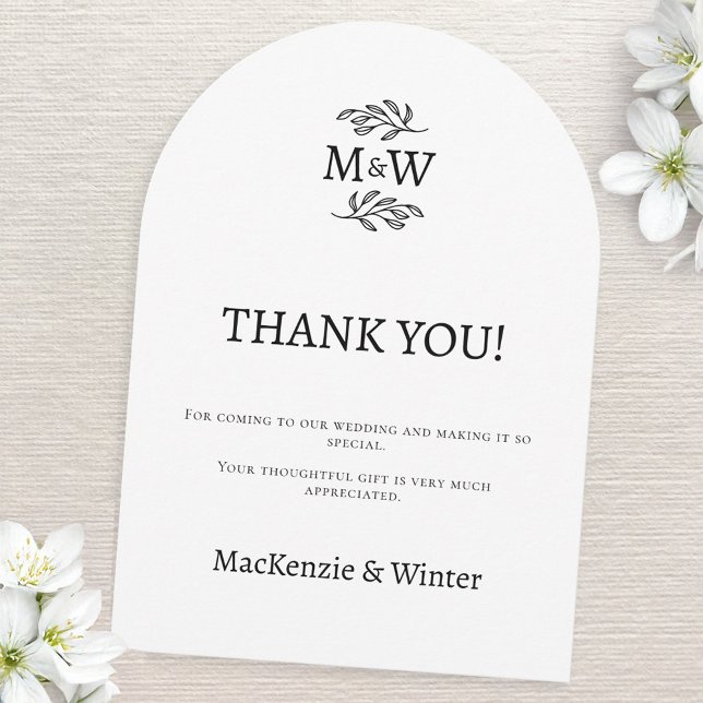Cartões de agradecimentos de Iniciais de Monograma (Wedding thank you arch card couple monogram initials botanical line art leaf sprig )