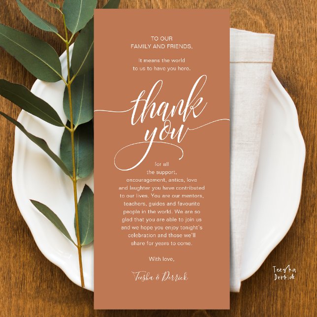 Cartões de agradecimentos de Janto Convidado para  (Modern Script Wedding Guest Dinner Reception Brunch Lunch Thank You Card in Copper Brown Terracotta)