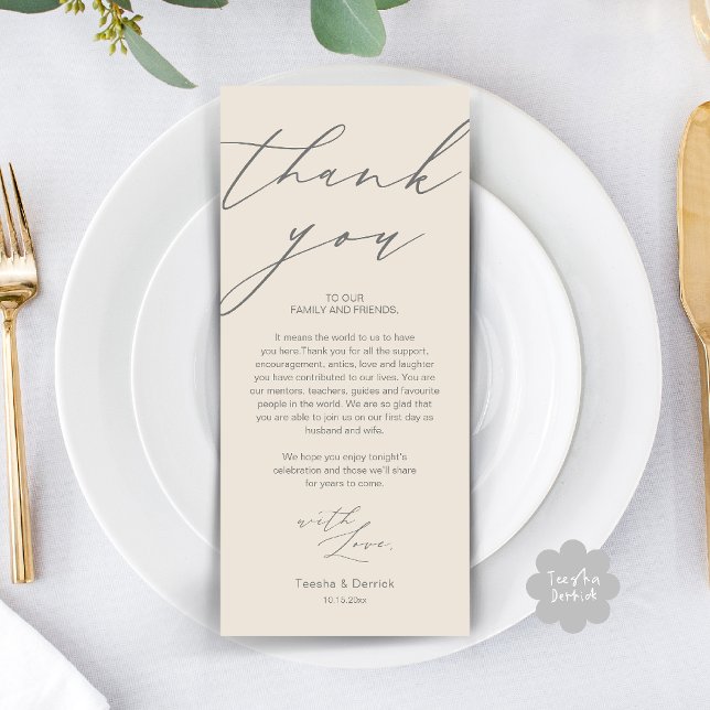 Cartões de agradecimentos de Janto de Casamento Mo (Modern Wedding Rehearsal Dinner Thank You Card in Cream Grey)