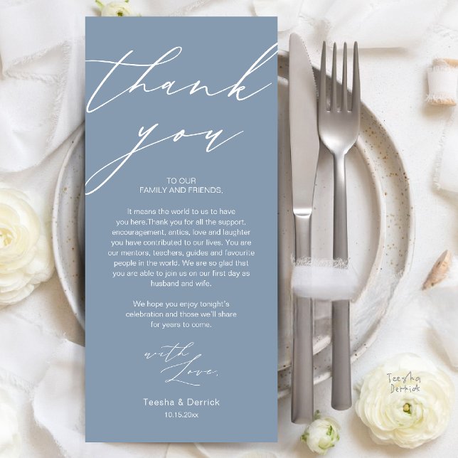 Cartões de agradecimentos de Janto de Casamento Mo (Modern Wedding Rehearsal Dinner Thank You Card in Dusty Blue)